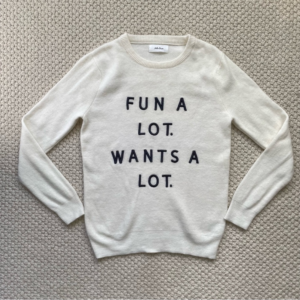 Mila Owen cream coloured sweater with embroidered lettering